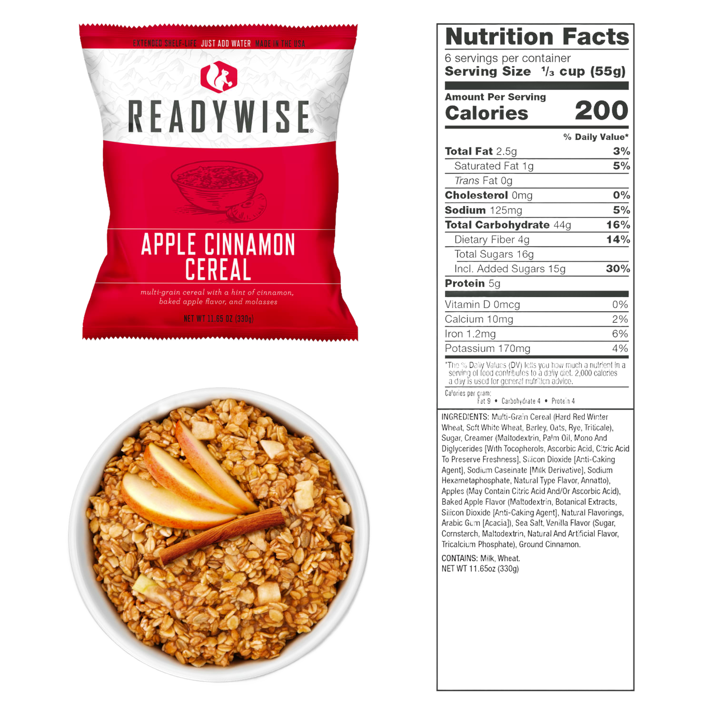 Single-serving packet of apple cinnamon flavored multigrain cereal with a bowl of granola topped with apple slices and cinnamon stick, nutrition facts label shown, ideal for emergency supplies and pantry collections.