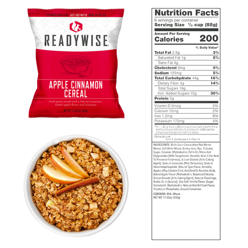 Single-serving packet of apple cinnamon flavored multigrain cereal with a bowl of granola topped with apple slices and cinnamon stick, nutrition facts label shown, ideal for emergency supplies and pantry collections.