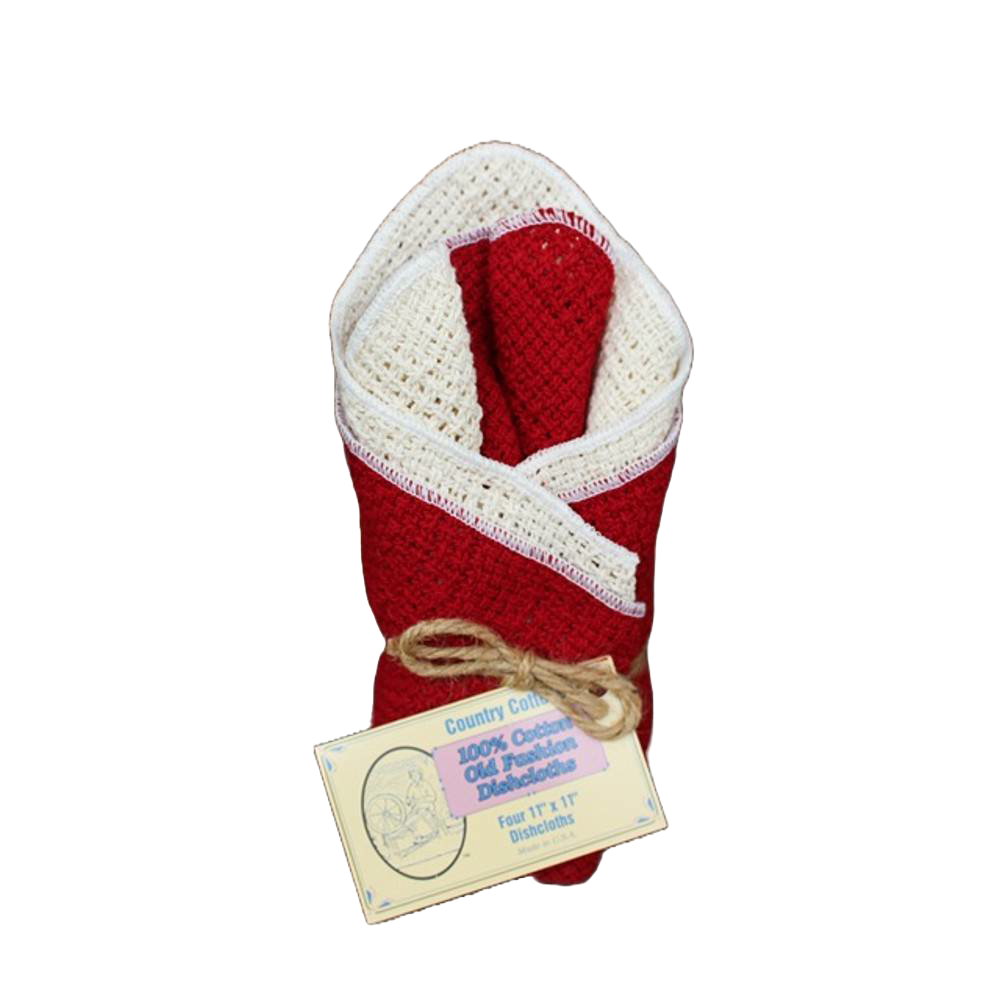Set of four pre-shrunk 100% cotton dishcloths in red and natural cream, tied with rustic twine, ideal for Kitchen & Food, Kitchen Textiles, USA Made, Best Sellers, and Promo Eligible collections.