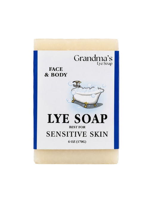 Bar of handcrafted lye soap for face and body, made in USA with simple ingredients, gentle on sensitive skin, featured in Health & Wellness and Grooming collections.
