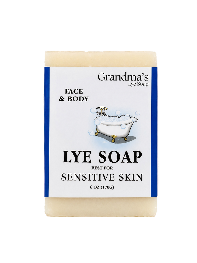 Bar of handcrafted lye soap for face and body, made in USA with simple ingredients, gentle on sensitive skin, featured in Health & Wellness and Grooming collections.