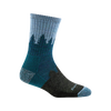 Midweight women's micro crew sock in blue and dark green with a pine tree silhouette pattern, handcrafted in USA, ideal for camping, health & wellness, and outdoor collections.