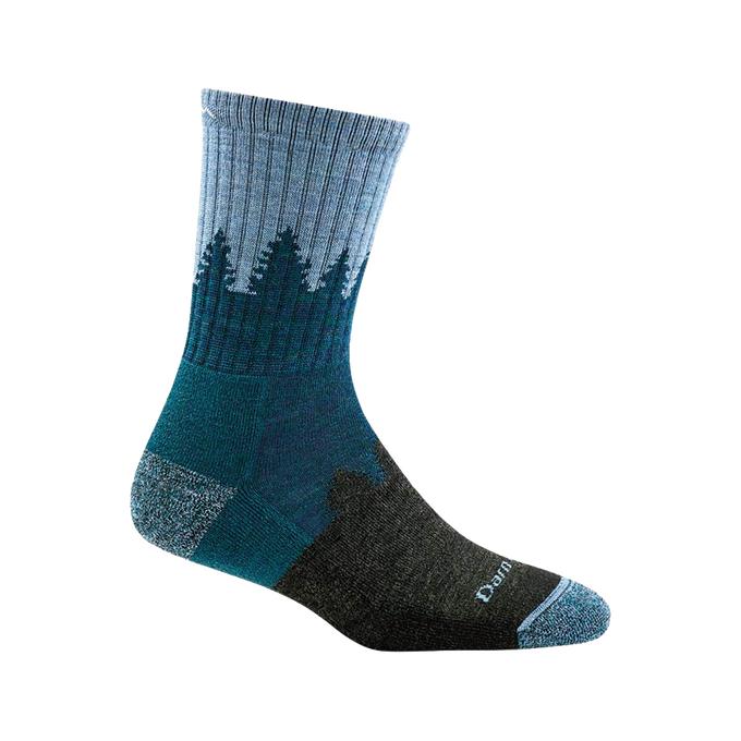 Midweight women's micro crew sock in blue and dark green with a pine tree silhouette pattern, handcrafted in USA, ideal for camping, health & wellness, and outdoor collections.