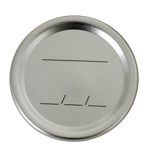 Silver-tone regular-mouth canning lid with black date and content labeling lines and BPA-free sealing compound, suitable for Kitchen & Food, Food Preservation, and Canning collections.