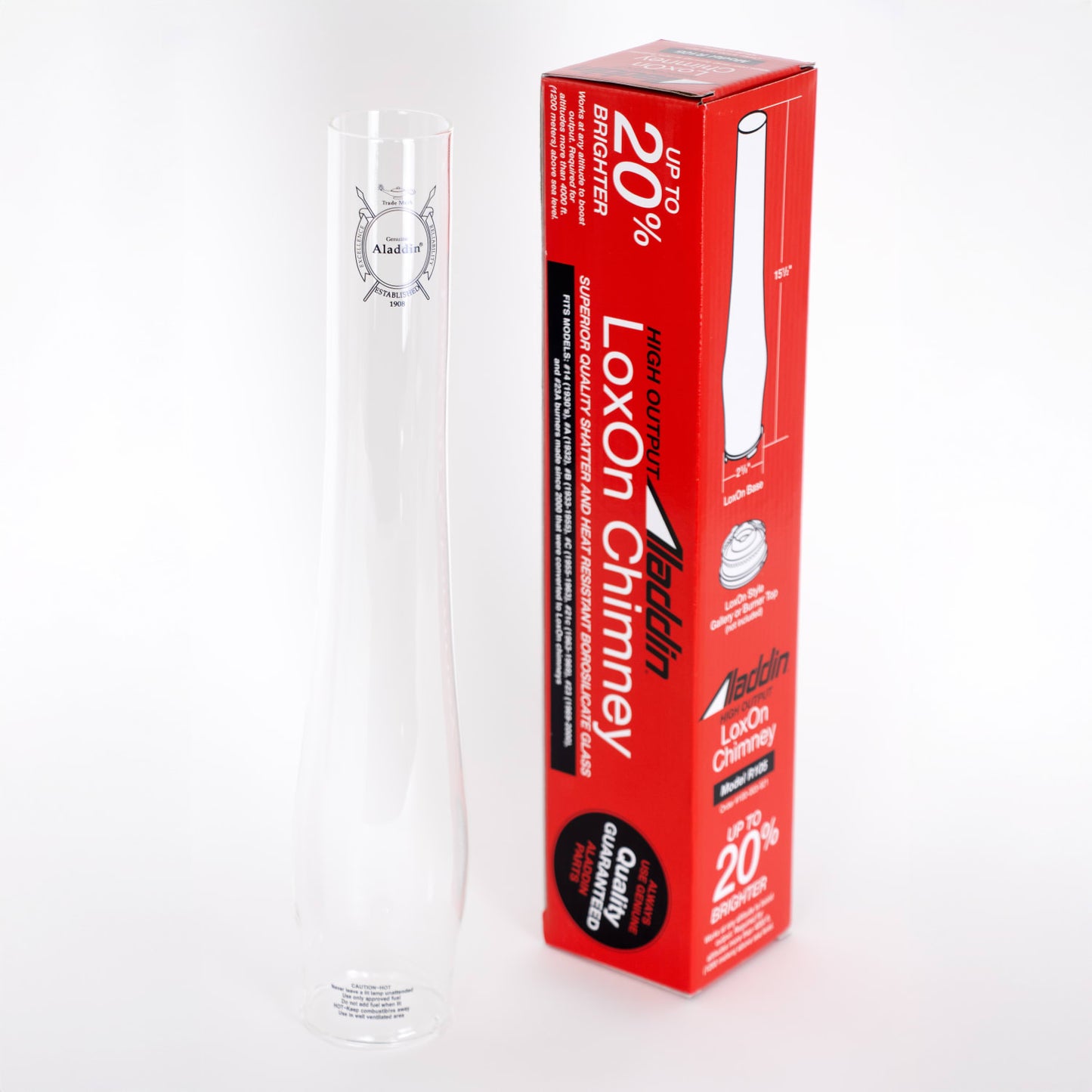 Clear borosilicate glass chimney 3 inches taller than standard with printed logo, displayed with red branded box highlighting up to 20% brighter light, featured in Lamps & Lighting, Parts and Accessories, Chimneys and Globes, Best Sellers, and Promo Eligible collections.
