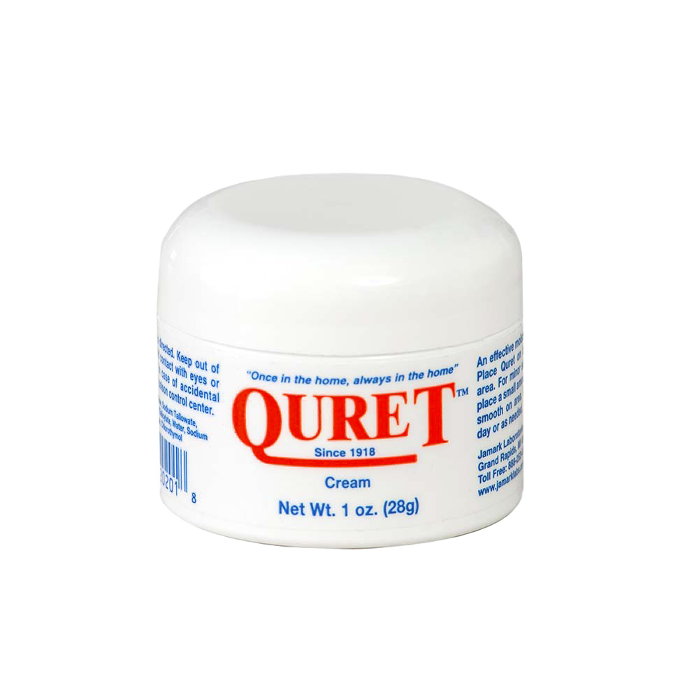 Small white jar of Quret Old-Time Cream with red and blue labeling, a handcrafted health remedy made in USA, featured in Health & Wellness and Best Sellers collections.
