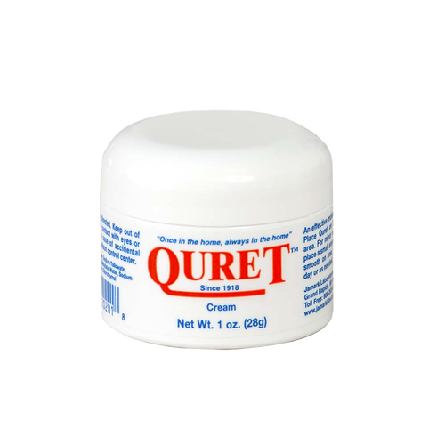 Small white jar of Quret Old-Time Cream with red and blue labeling, a handcrafted health remedy made in USA, featured in Health & Wellness and Best Sellers collections.