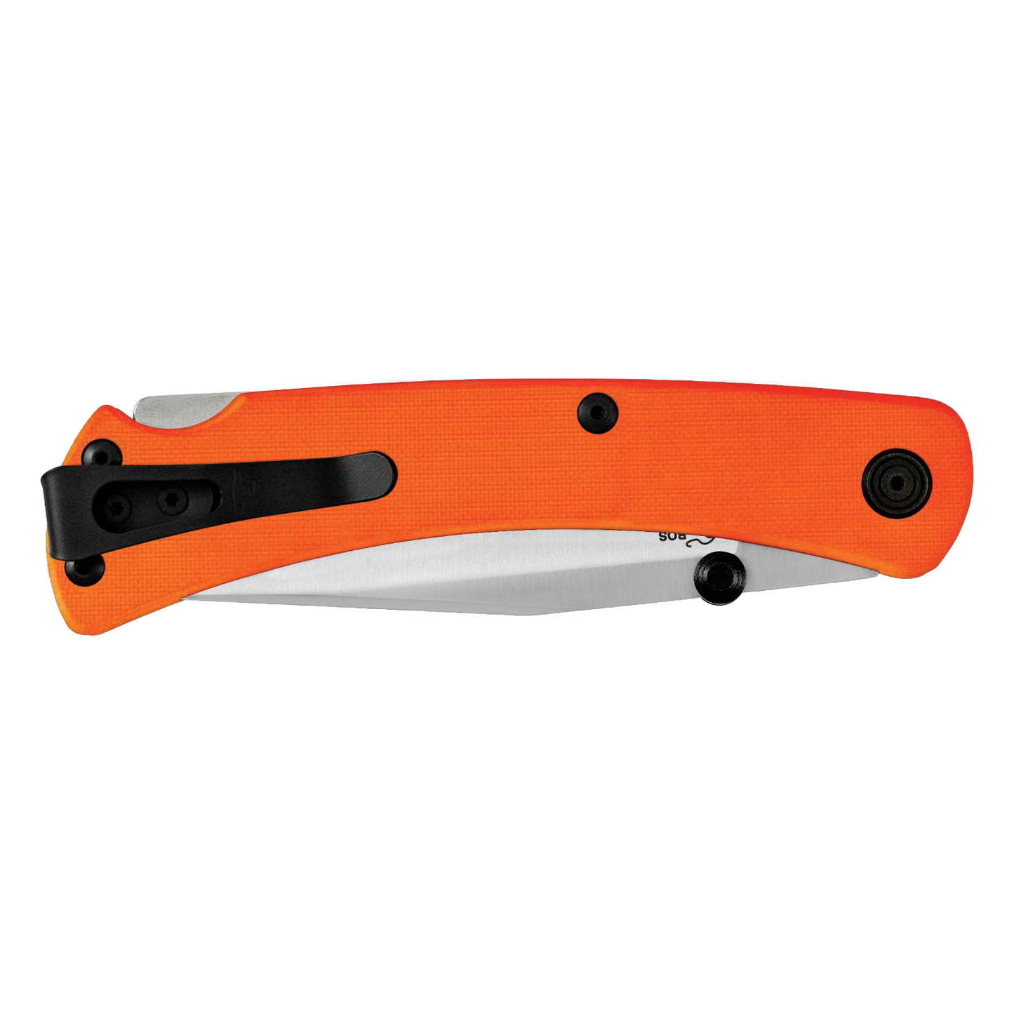 Slim pocket knife with bright orange lightweight handle, black reversible deep carry pocket clip, and partially visible stainless steel blade, made in USA, ideal for Farm, Garden & Tool and Hand Tools and Hardware collections.