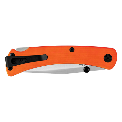 Slim pocket knife with bright orange lightweight handle, black reversible deep carry pocket clip, and partially visible stainless steel blade, made in USA, ideal for Farm, Garden & Tool and Hand Tools and Hardware collections.