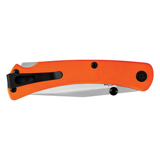 Slim pocket knife with bright orange lightweight handle, black reversible deep carry pocket clip, and partially visible stainless steel blade, made in USA, ideal for Farm, Garden & Tool and Hand Tools and Hardware collections.