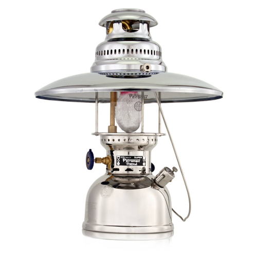 Polished metal lantern with a wide, reflective top shade and glass enclosure, designed for durable outdoor and camping use, featured in Lamps & Lighting and Camping collections.