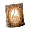 Handcrafted olive wood ornament featuring natural bark and a carved Flight to Egypt silhouette, made in Bethlehem and perfect for Home & Decor, Holiday Decor, and Best Sellers collections.
