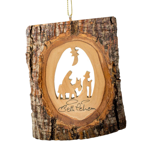 Handcrafted olive wood ornament featuring natural bark and a carved Flight to Egypt silhouette, made in Bethlehem and perfect for Home & Decor, Holiday Decor, and Best Sellers collections.