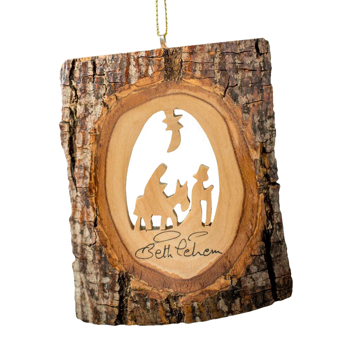 Handcrafted olive wood ornament featuring natural bark and a carved Flight to Egypt silhouette, made in Bethlehem and perfect for Home & Decor, Holiday Decor, and Best Sellers collections.