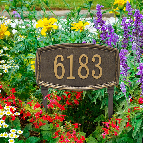 Custom bronze lawn plaque with raised gold numbers and decorative border, handcrafted in the USA, enhancing curb appeal and part of Home & Decor and Mailboxes and Address Signs collections.