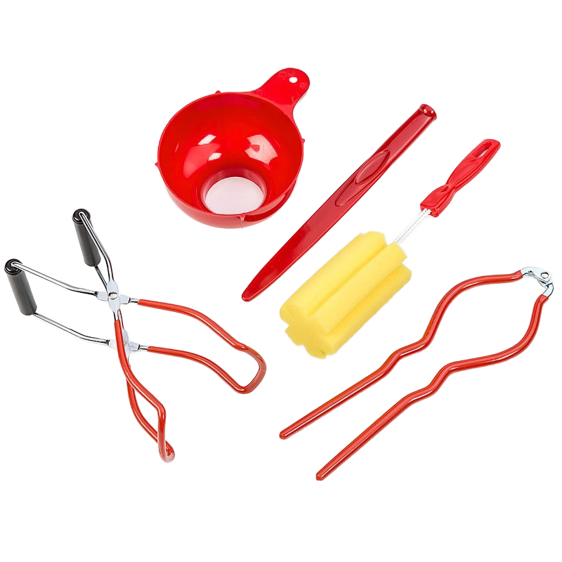Set of five handcrafted Amish-made canning tools with bright red handles including funnel, lid lifter, jar lifter, sponge brush, and magnetic wand for Kitchen & Food and Food Preservation collections.