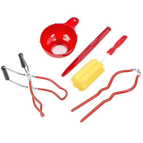 Set of five handcrafted Amish-made canning tools with bright red handles including funnel, lid lifter, jar lifter, sponge brush, and magnetic wand for Kitchen & Food and Food Preservation collections.