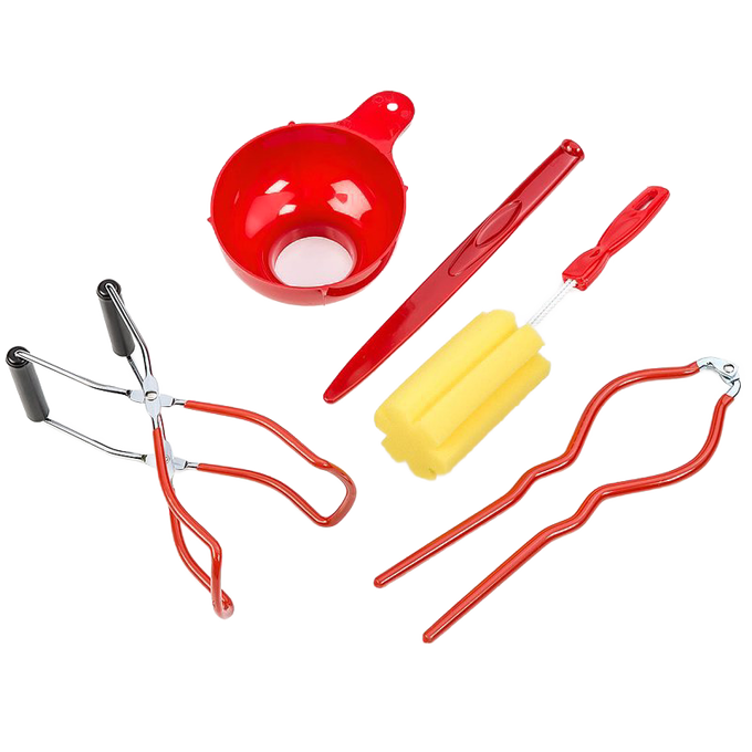 Set of five handcrafted Amish-made canning tools with bright red handles including funnel, lid lifter, jar lifter, sponge brush, and magnetic wand for Kitchen & Food and Food Preservation collections.