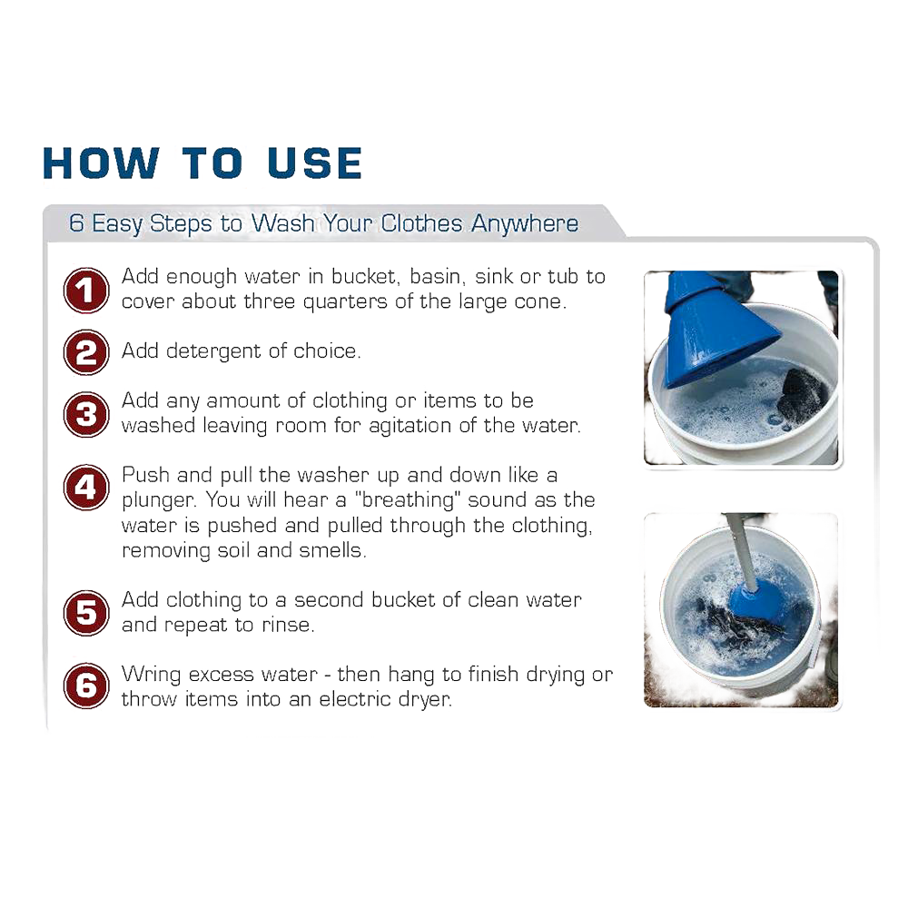 Instruction panel titled "How to Use" with six numbered steps explaining the process of washing clothes using a blue collapsible hand washer plunger, accompanied by two images showing the washer plunger in a bucket with soapy water, part of Home & Decor, Laundry Supplies, Washers and Wash Day Accessories, and Best Sellers collections.