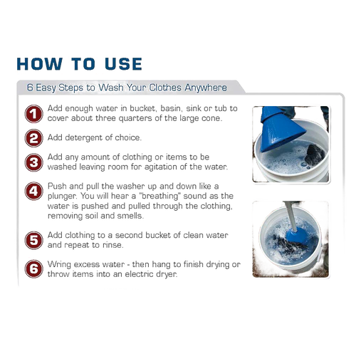 Instruction panel titled "How to Use" with six numbered steps explaining the process of washing clothes using a blue collapsible hand washer plunger, accompanied by two images showing the washer plunger in a bucket with soapy water, part of Home & Decor, Laundry Supplies, Washers and Wash Day Accessories, and Best Sellers collections.