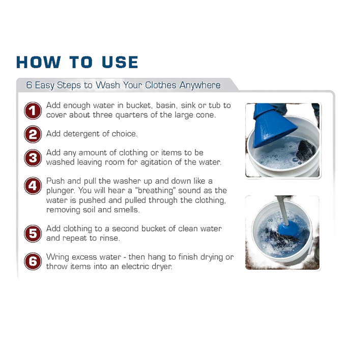 Instruction panel titled "How to Use" with six numbered steps explaining the process of washing clothes using a blue collapsible hand washer plunger, accompanied by two images showing the washer plunger in a bucket with soapy water, part of Home & Decor, Laundry Supplies, Washers and Wash Day Accessories, and Best Sellers collections.