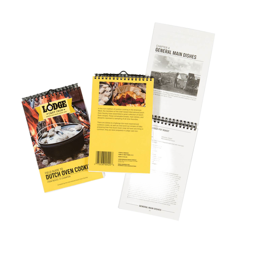 Spiral-bound cookbook featuring outdoor Dutch oven recipes and tips, with colorful cover and black-and-white recipe pages, part of Camping, Books, and USA Made collections.
