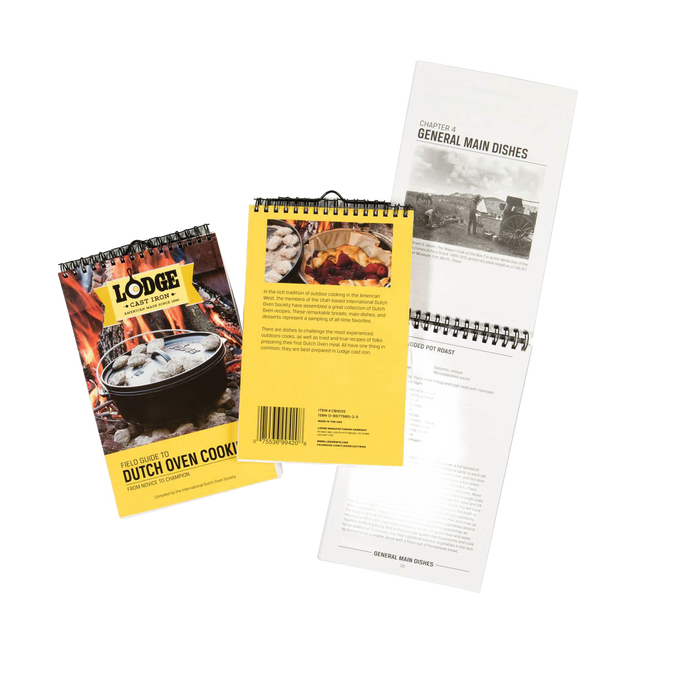 Spiral-bound cookbook featuring outdoor Dutch oven recipes and tips, with colorful cover and black-and-white recipe pages, part of Camping, Books, and USA Made collections.