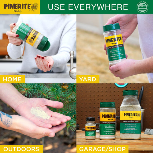 Four-panel grid showing green-lidded container of all-natural pine soap being poured onto hands in various settings: kitchen, outdoors near pine branches, yard, and garage workshop, highlighting versatile use in Health & Wellness, Grooming, Soaps, USA Made, and Best Sellers collections.