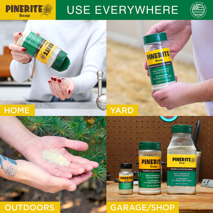 Four-panel grid showing green-lidded container of all-natural pine soap being poured onto hands in various settings: kitchen, outdoors near pine branches, yard, and garage workshop, highlighting versatile use in Health & Wellness, Grooming, Soaps, USA Made, and Best Sellers collections.