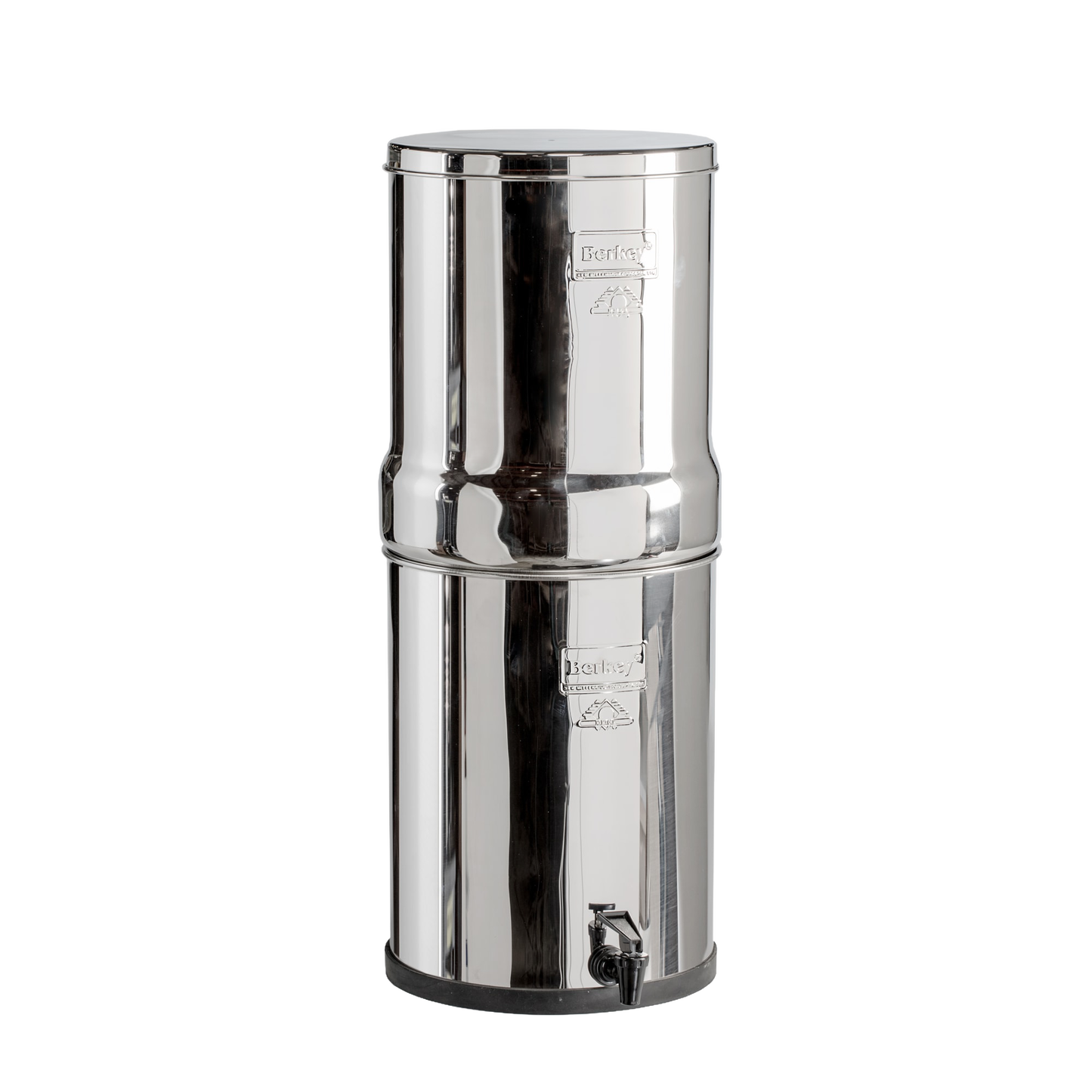 Highly polished stainless steel water filter with two stacked chambers and spigot, designed for efficient water purification in appliances, emergency supplies, and water treatment collections.