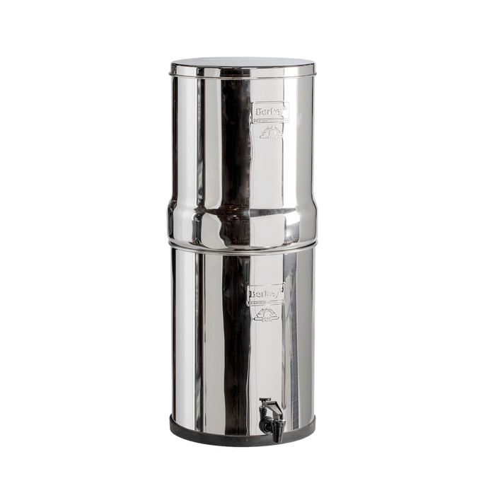 Highly polished stainless steel water filter with two stacked chambers and spigot, designed for efficient water purification in appliances, emergency supplies, and water treatment collections.