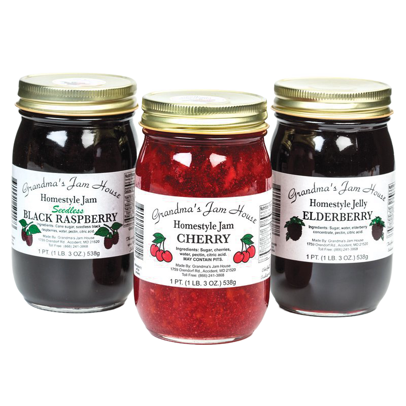 Three handcrafted jars of seedless black raspberry jam, cherry jam, and elderberry jelly with gold lids and white labels, perfect for Kitchen & Food, Pantry, Peanut Butter & Jellies, USA Made, Best Sellers, and Promo Eligible collections.
