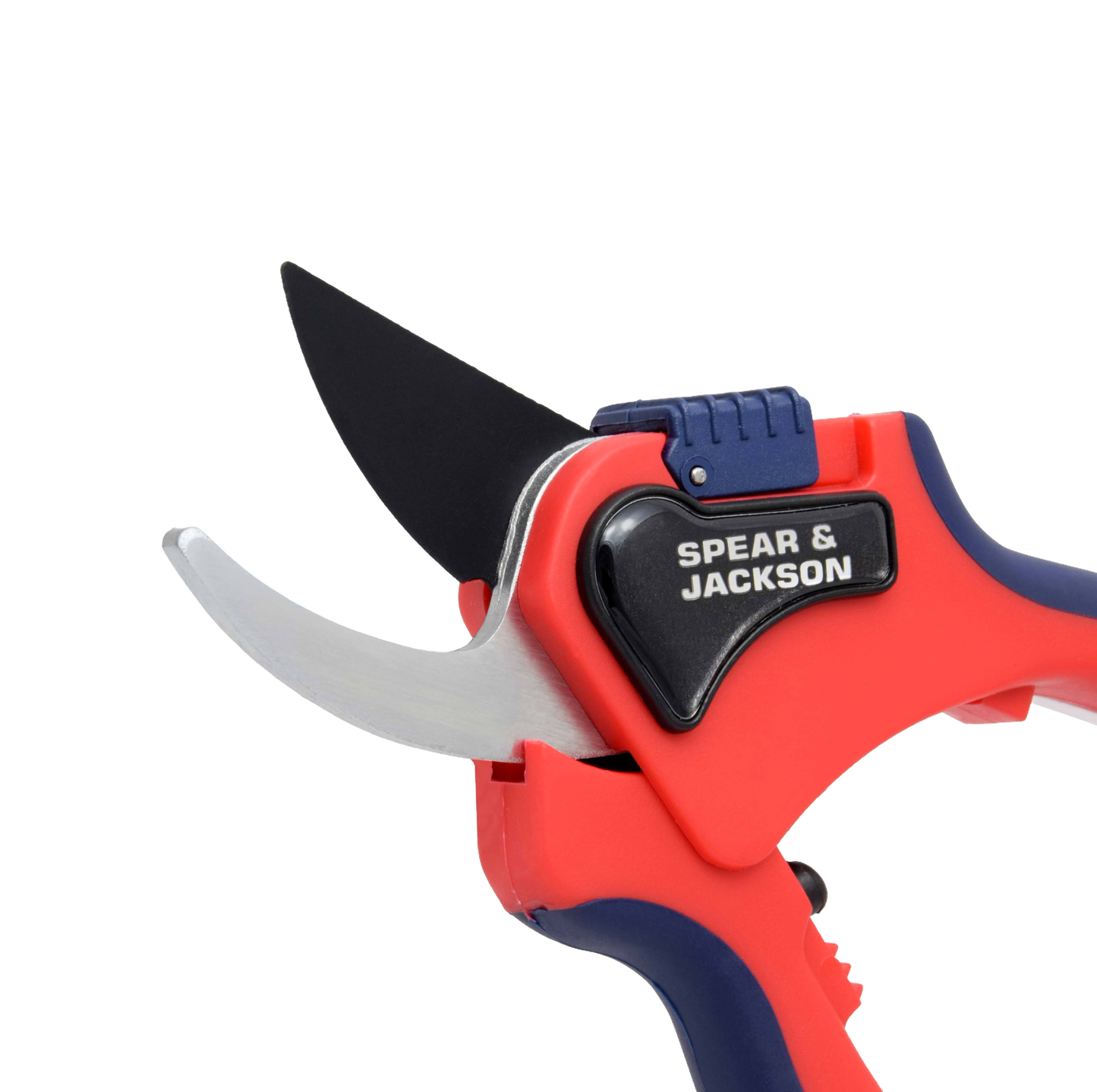 Large bypass pruning shears with ergonomic red and blue handles, sharp carbon steel blades, and a locking mechanism, designed for smooth cutting in Farm, Garden & Tool and Lawncare collections.