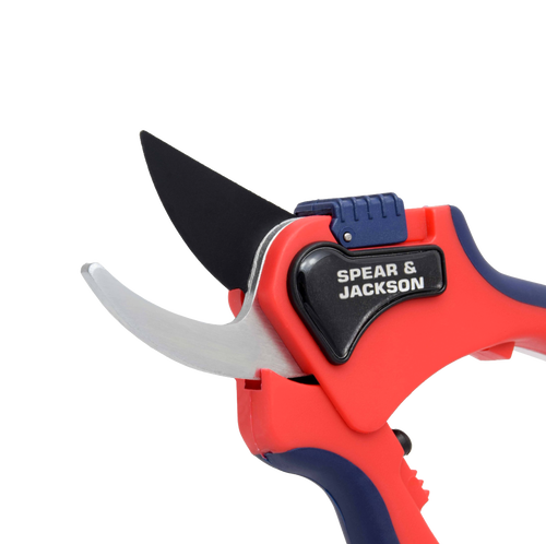 Large bypass pruning shears with ergonomic red and blue handles, sharp carbon steel blades, and a locking mechanism, designed for smooth cutting in Farm, Garden & Tool and Lawncare collections.