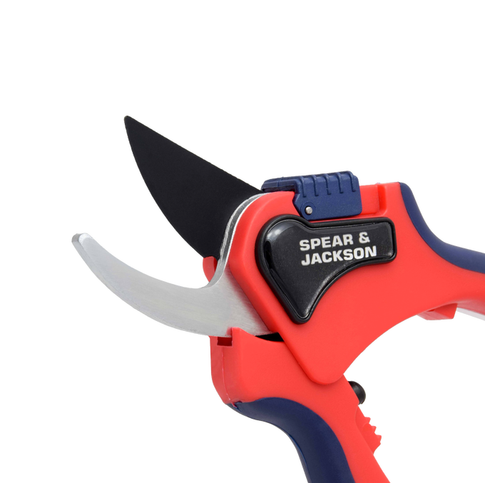 Large bypass pruning shears with ergonomic red and blue handles, sharp carbon steel blades, and a locking mechanism, designed for smooth cutting in Farm, Garden & Tool and Lawncare collections.