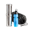 Compact portable water filtration system featuring a polished stainless steel chamber, reusable blue water bottle, and black drawstring storage bag for camping and emergency use.