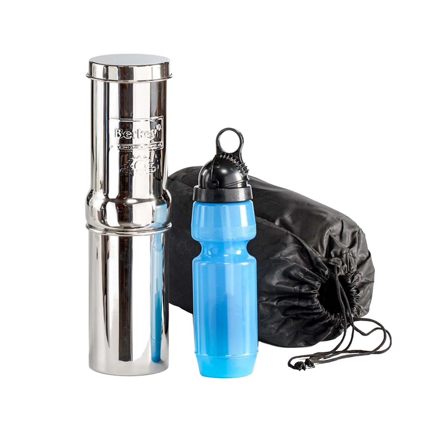 Compact portable water filtration system featuring a polished stainless steel chamber, reusable blue water bottle, and black drawstring storage bag for camping and emergency use.