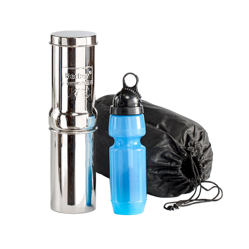 Compact portable water filtration system featuring a polished stainless steel chamber, reusable blue water bottle, and black drawstring storage bag for camping and emergency use.