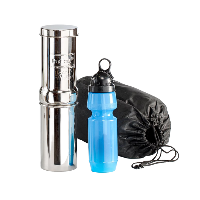 Compact portable water filtration system featuring a polished stainless steel chamber, reusable blue water bottle, and black drawstring storage bag for camping and emergency use.