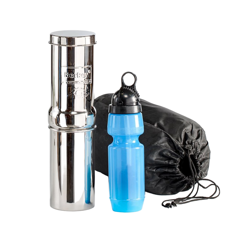 Compact portable water filtration system featuring a polished stainless steel chamber, reusable blue water bottle, and black drawstring storage bag for camping and emergency use.