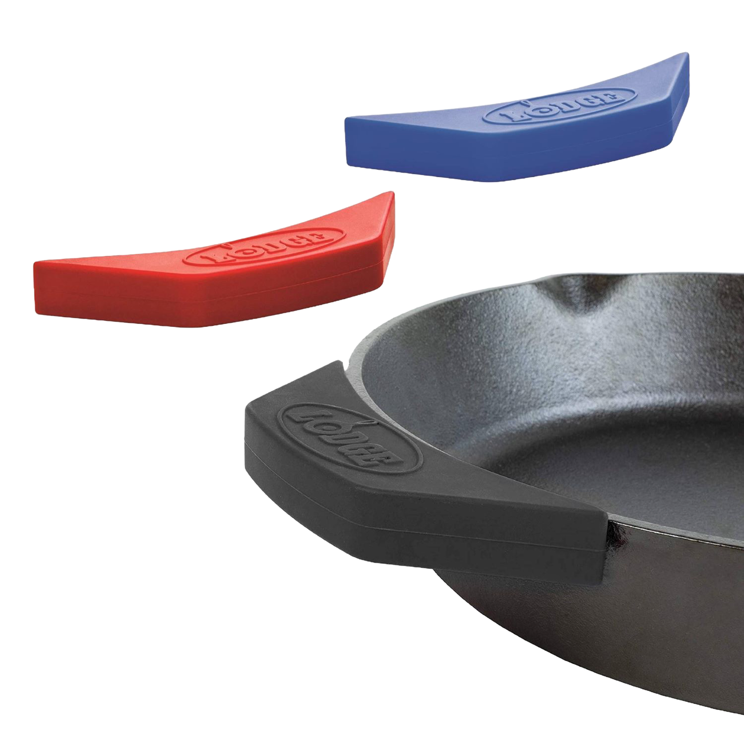 Silicone assist handle covers in red, blue, and black, designed to protect hands from heat on cast iron cookware, ideal for Kitchen & Food, Cookware, Cast Iron, Best Sellers, and Promo Eligible collections.