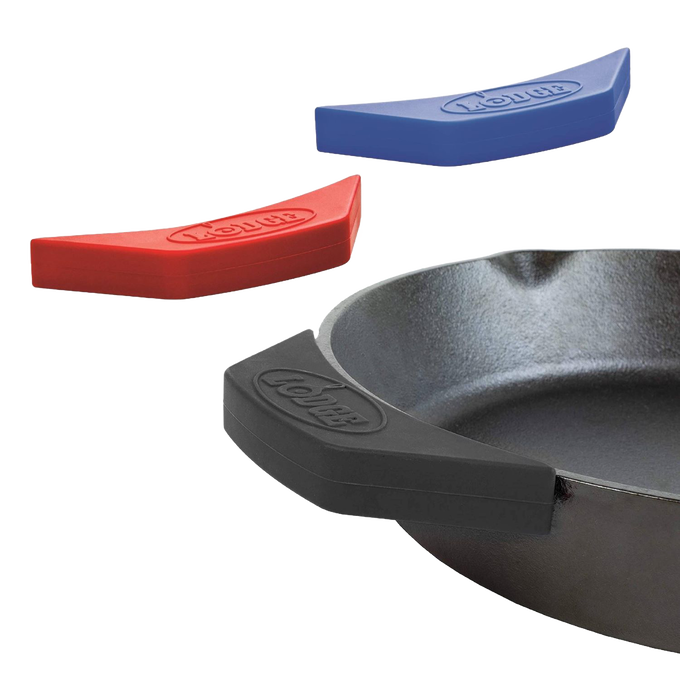 Silicone assist handle covers in red, blue, and black, designed to protect hands from heat on cast iron cookware, ideal for Kitchen & Food, Cookware, Cast Iron, Best Sellers, and Promo Eligible collections.