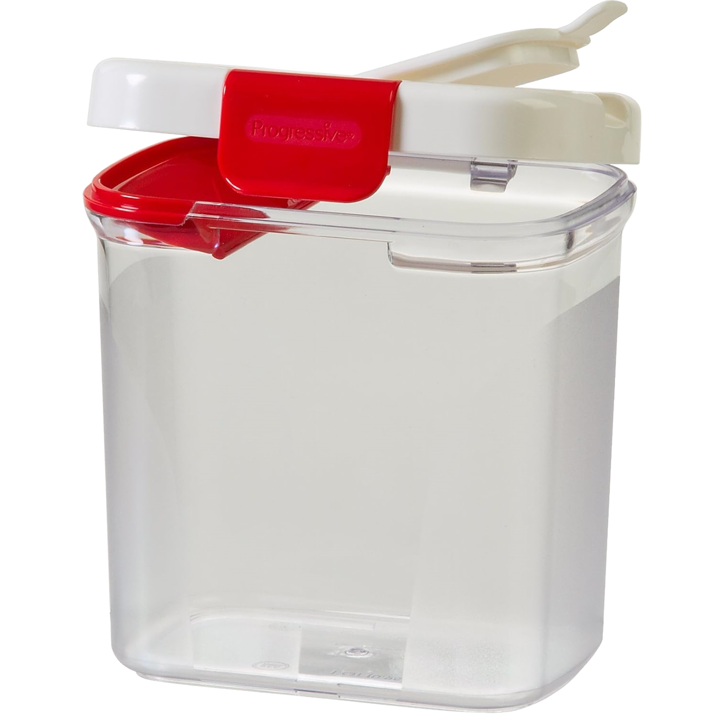 Clear plastic container with a white and red lid featuring a built-in leveler, designed to store and dispense powdered sugar, suitable for Kitchen & Food, Storage and Serving, Best Sellers, and Promo Eligible collections.