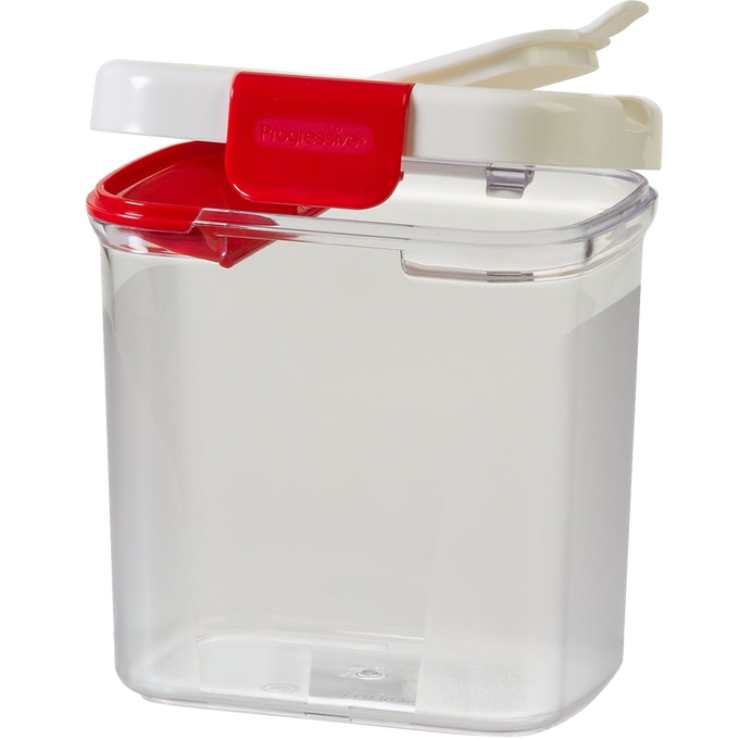 Clear plastic container with a white and red lid featuring a built-in leveler, designed to store and dispense powdered sugar, suitable for Kitchen & Food, Storage and Serving, Best Sellers, and Promo Eligible collections.