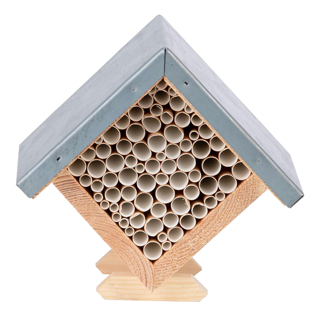 Handcrafted square bee house made of pine wood with zinc roof and paper tubes, designed to support beneficial bees, featured in Farm, Garden & Tool, Garden Accessories, Best Sellers, and Promo Eligible collections.