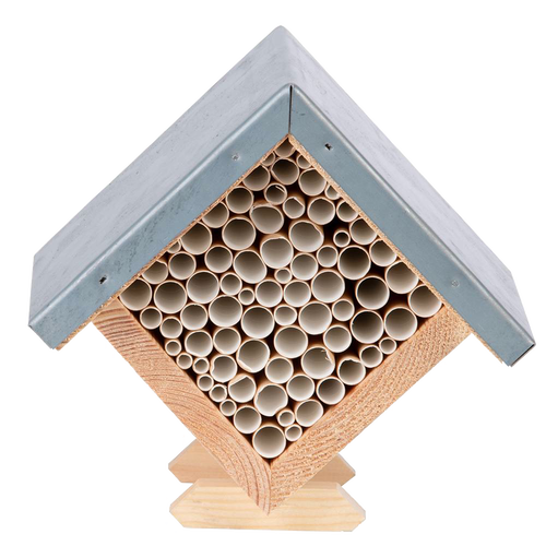 Handcrafted square bee house made of pine wood with zinc roof and paper tubes, designed to support beneficial bees, featured in Farm, Garden & Tool, Garden Accessories, Best Sellers, and Promo Eligible collections.