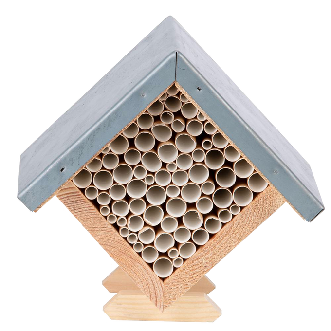 Handcrafted square bee house made of pine wood with zinc roof and paper tubes, designed to support beneficial bees, featured in Farm, Garden & Tool, Garden Accessories, Best Sellers, and Promo Eligible collections.
