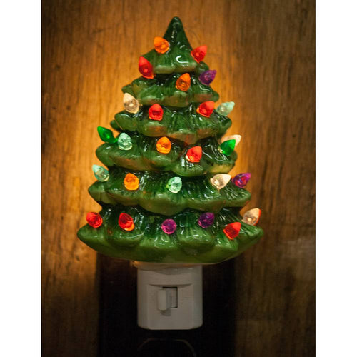 Handcrafted ceramic Christmas tree nightlight featuring multicolored bulbs that light up with a switch, perfect for Home & Decor and Holiday Decor collections.
