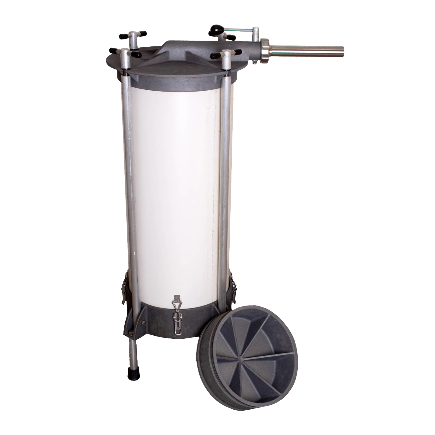 Freestanding Lehman's Water-Powered Sausage Stuffer with durable metal frame and cylindrical chamber, handcrafted and Amish made, for Kitchen & Food, Butchering Supplies, USA Made, and Specialty Equipment collections.