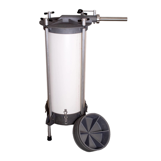 Freestanding Lehman's Water-Powered Sausage Stuffer with durable metal frame and cylindrical chamber, handcrafted and Amish made, for Kitchen & Food, Butchering Supplies, USA Made, and Specialty Equipment collections.